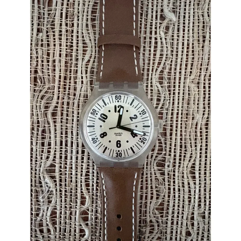Ultra Rare Vintage 2002 Swatch Watch Khaki Brown Field Transparent Caseback 43mm